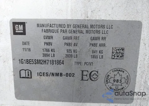 2017 Chevrolet Cruze Lt Auto from USA, damaged, VIN 1G1BE5SM2H7181864